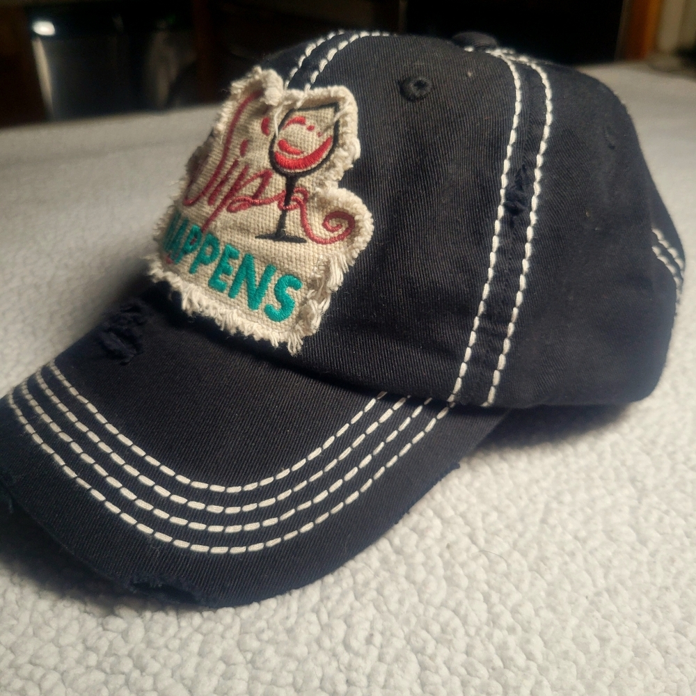 Black Distressed Cap w/ Embroidered Patch Design "Sip Happens" - Women's Size OS - Picture 6 of 7